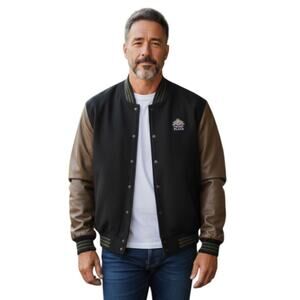 Vintage 90 Y2K Trump Plaza Varsity Leather Jacket Black Brown Mens Size Large